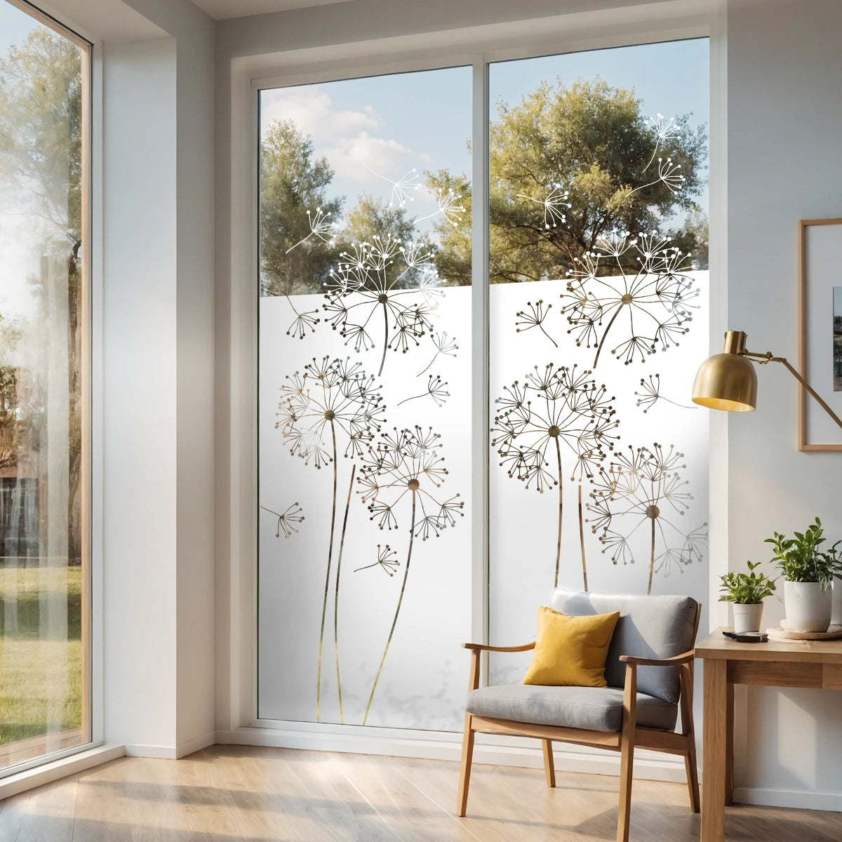 Sichtschutzfolie für bodentiefe Fenster und Balkontüren. Motiv Pusteblume.