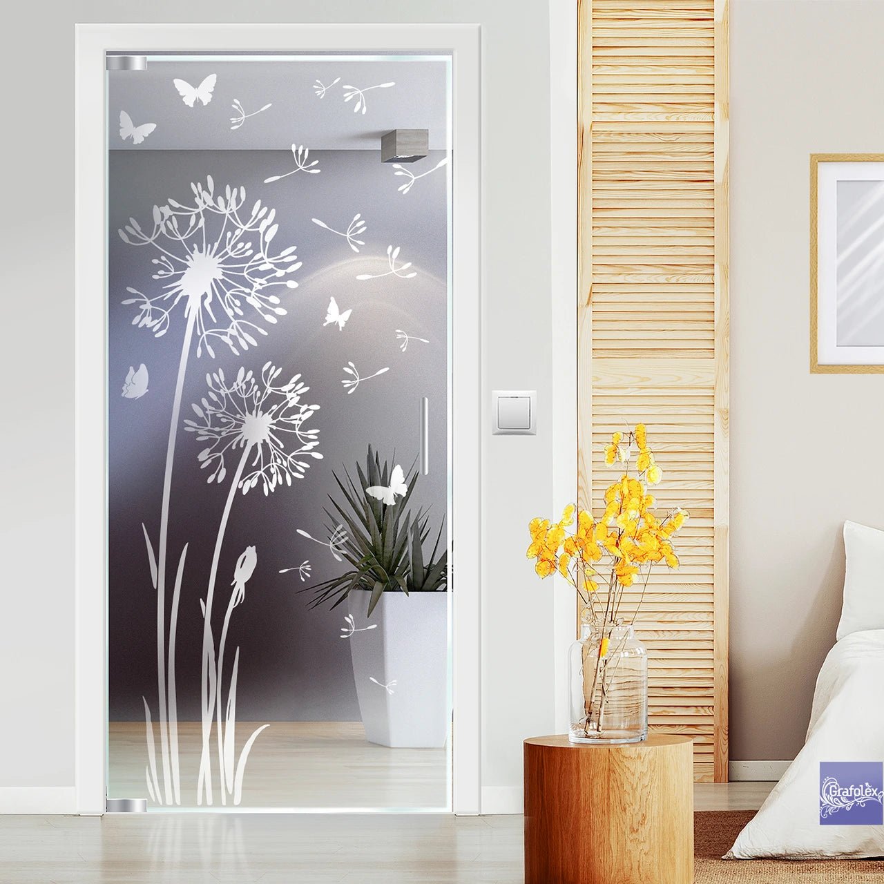 Glasdekorfolie Durchlaufschutz Pusteblume mif Flugsamen. – Grafolex