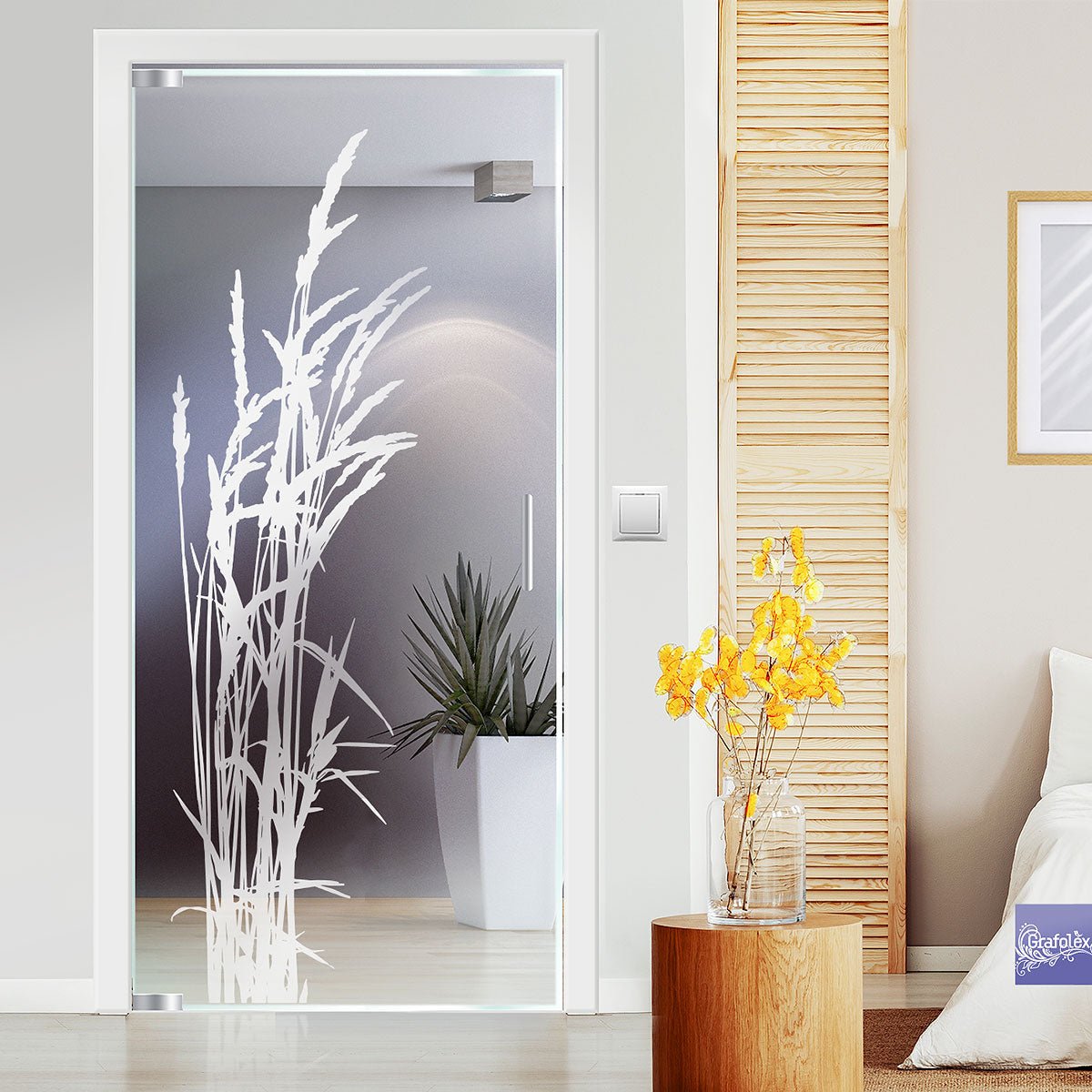 Folie für Glastüren und Duschkabinen. Durchlaufschutz Halme – Grafolex