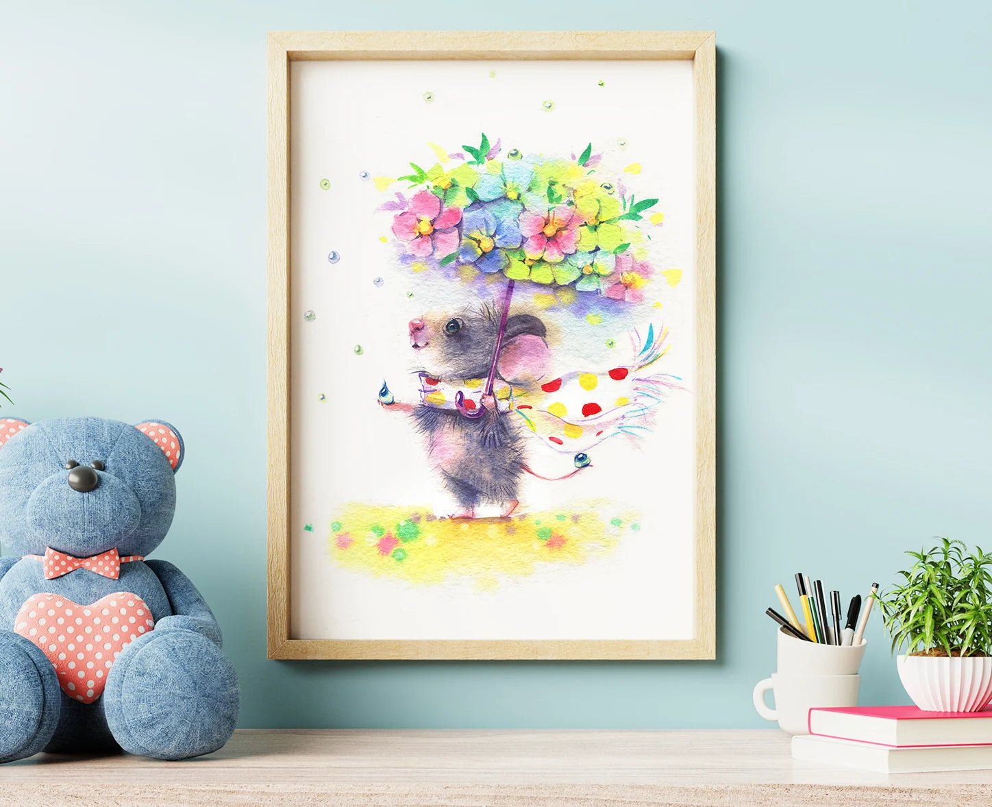 Poster für KinderzimmerMaus mit Regenschirm. Premium Poster für Kinderzimmer Babyzimmer A3, A4 Motiv P6