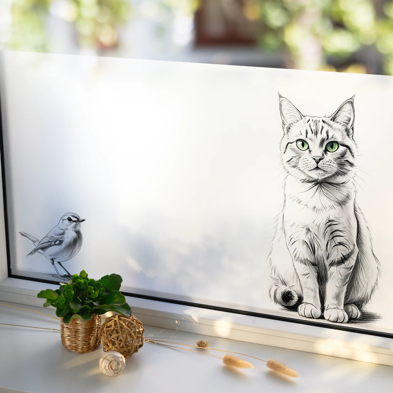Bedruckte Fensterfolie Sihtschutzfolie Ktze und Vogel