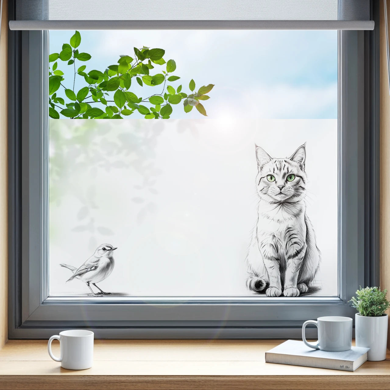 Bedruckte Fensterfolie Milchglasfolie Katze und Vogel