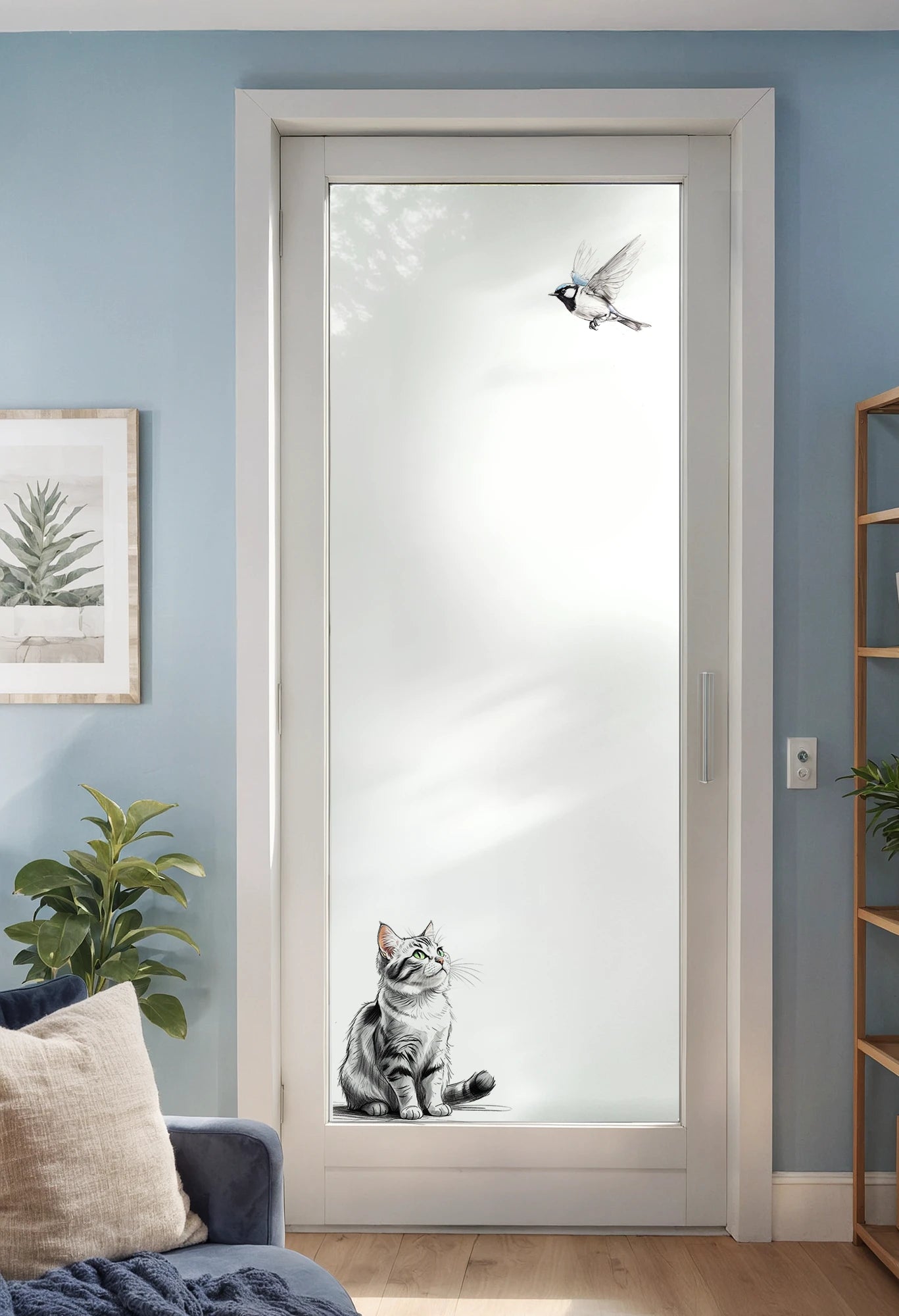 Bedruckte Sichtschutzfolie Katze und Vogel G844