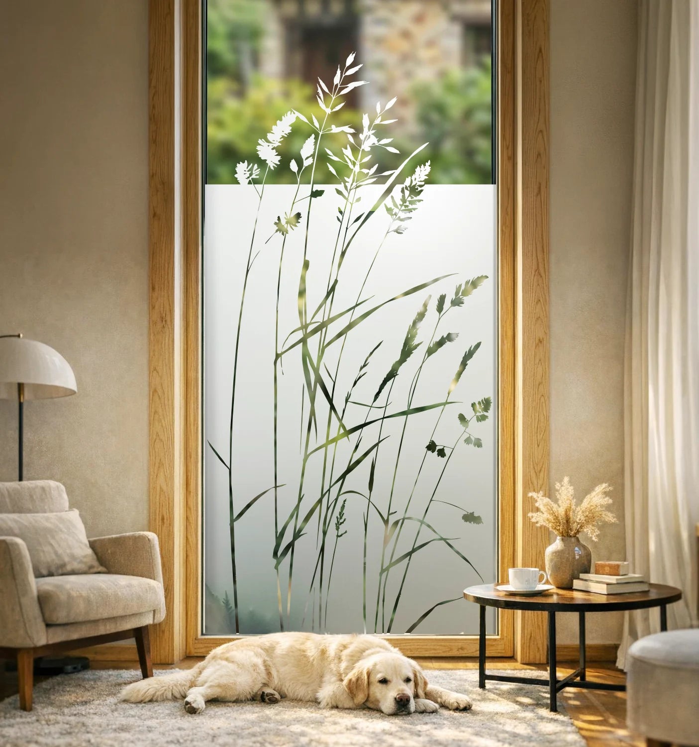 Selbstklebende Sichtschutzfolie mit Wildgras-Design auf einem großen Panoramafenster für optimalen Sichtschutz nach Maß.