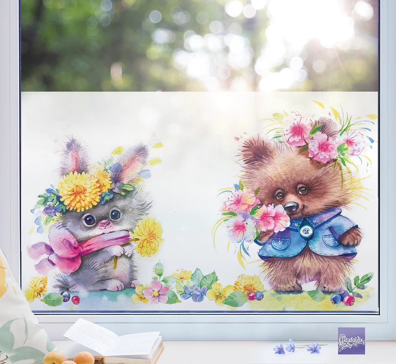 FensterfolieFensterfolie für Kinderzimmer. Süße Tiere. Motiv "Hase und Bär" G202